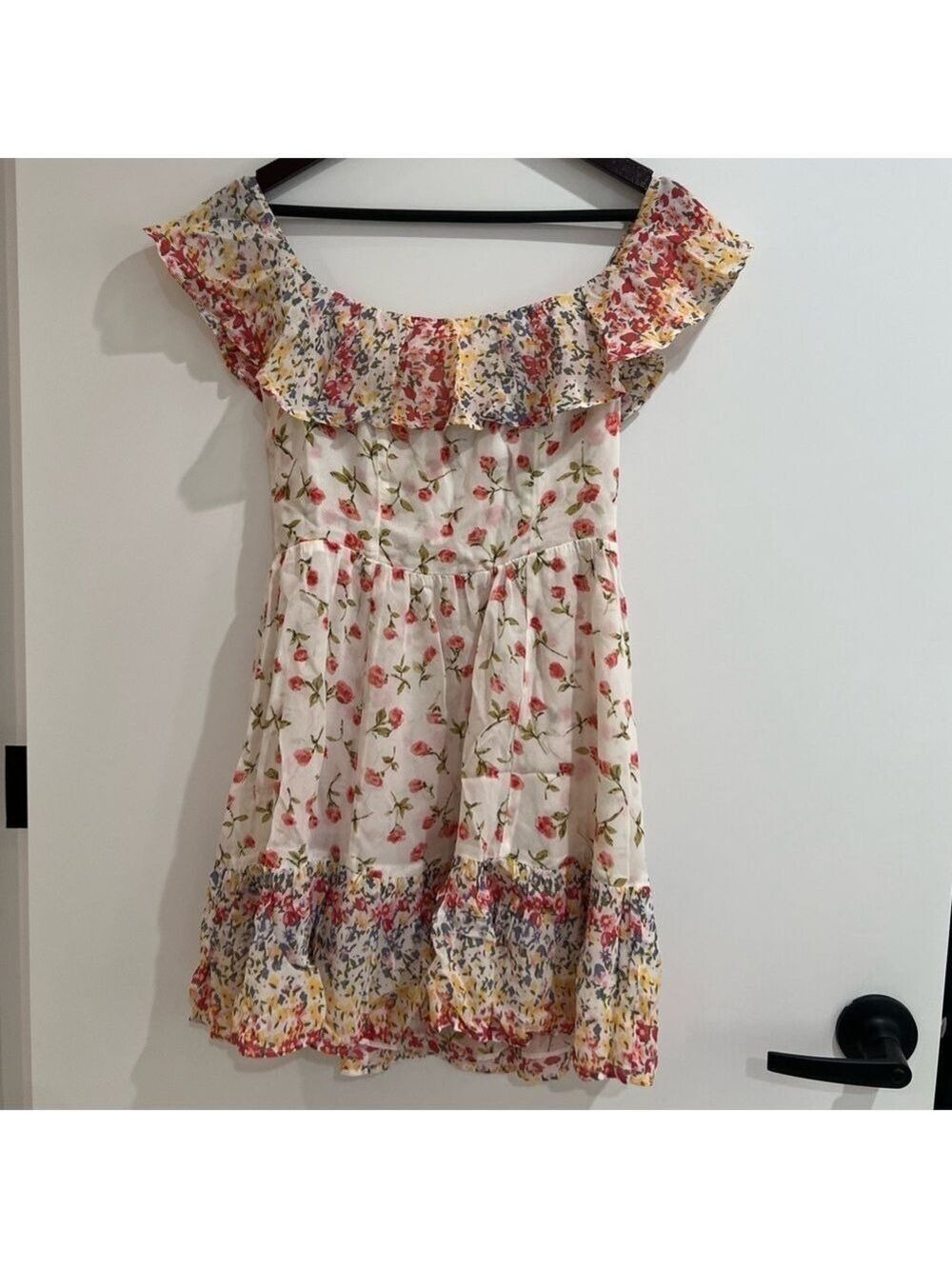 Reformation Floral Off-Shoulder Ruffle Mini Dress | Size 8 Cottagecore Romantic